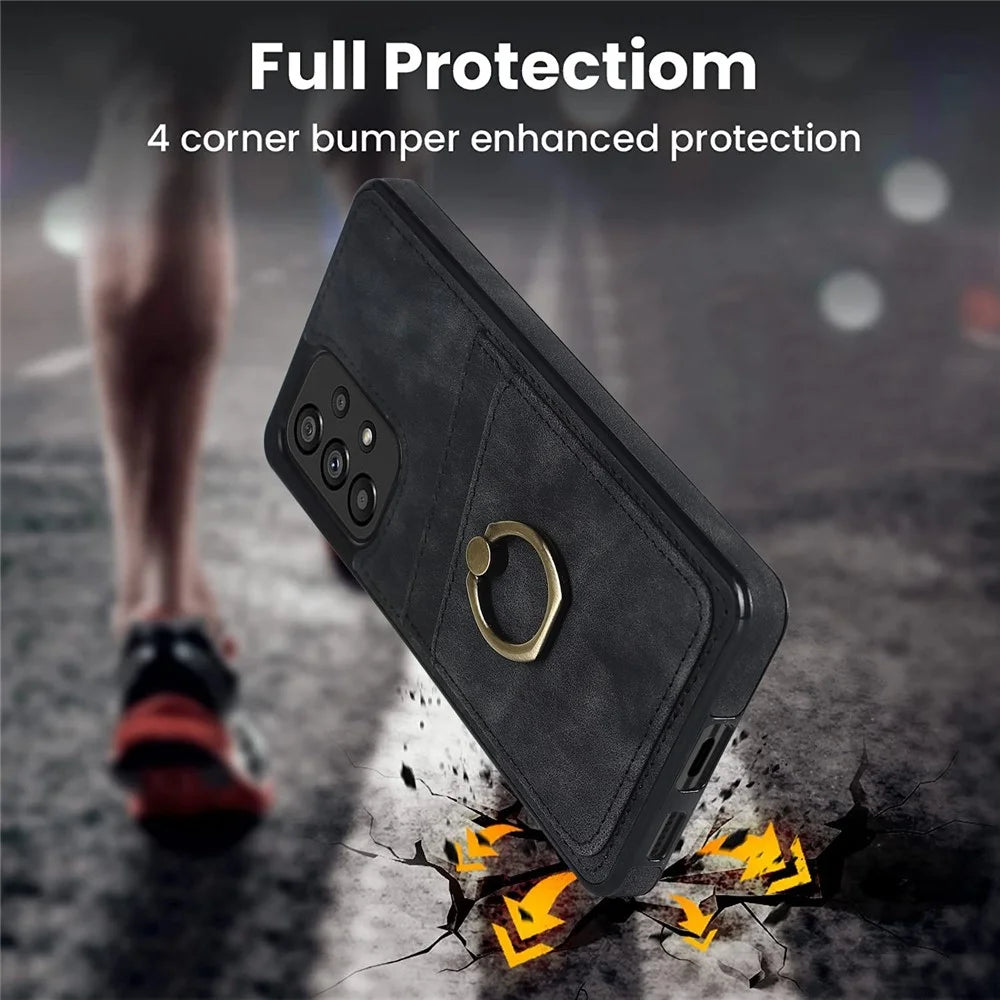 For Samsung Galaxy A53 5G Retro PU Leather Coated TPU Phone Case with Card Holder and Ring Holder Kickstand - Black - 4