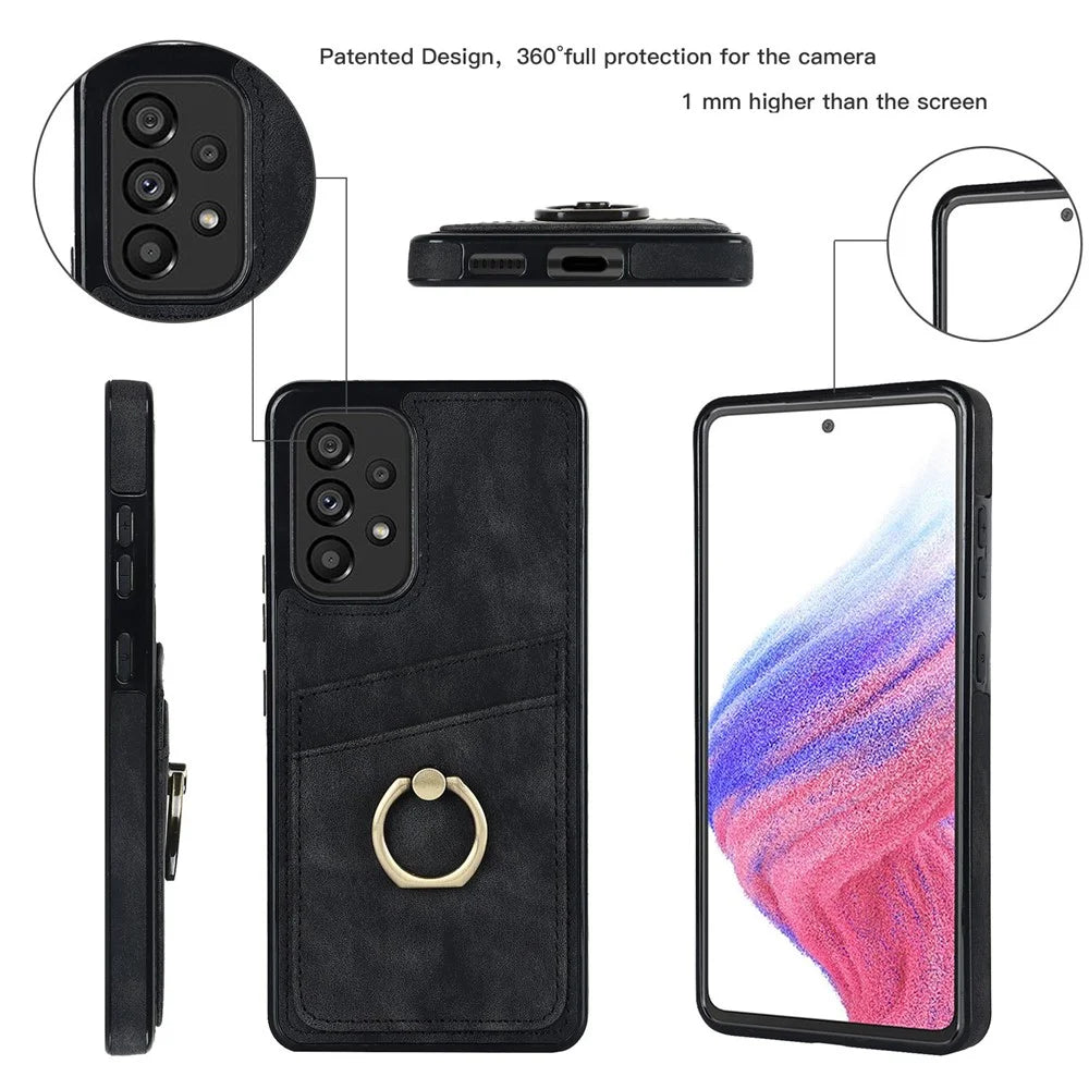 For Samsung Galaxy A53 5G Retro PU Leather Coated TPU Phone Case with Card Holder and Ring Holder Kickstand - Black - 5