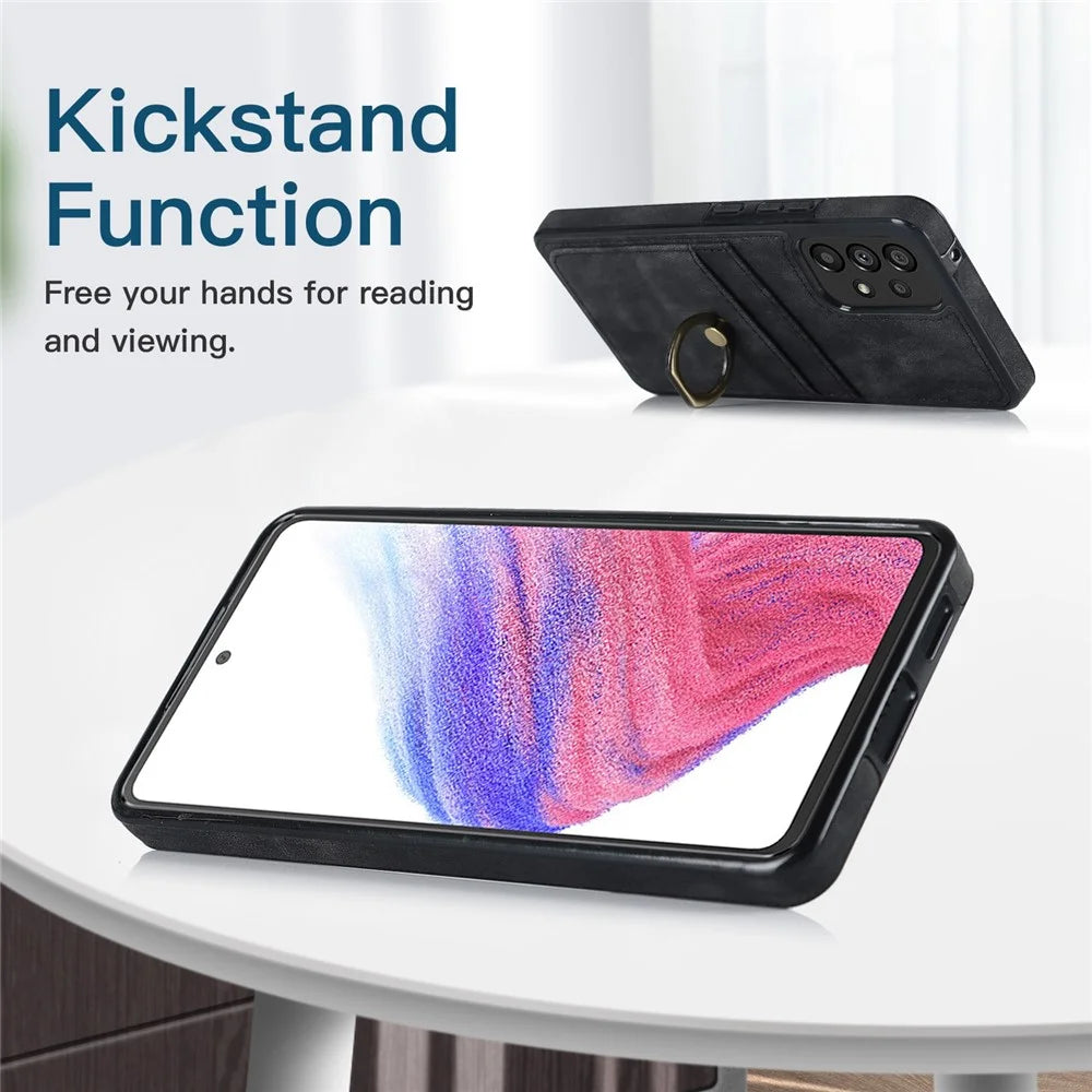 For Samsung Galaxy A53 5G Retro PU Leather Coated TPU Phone Case with Card Holder and Ring Holder Kickstand - Black - 6