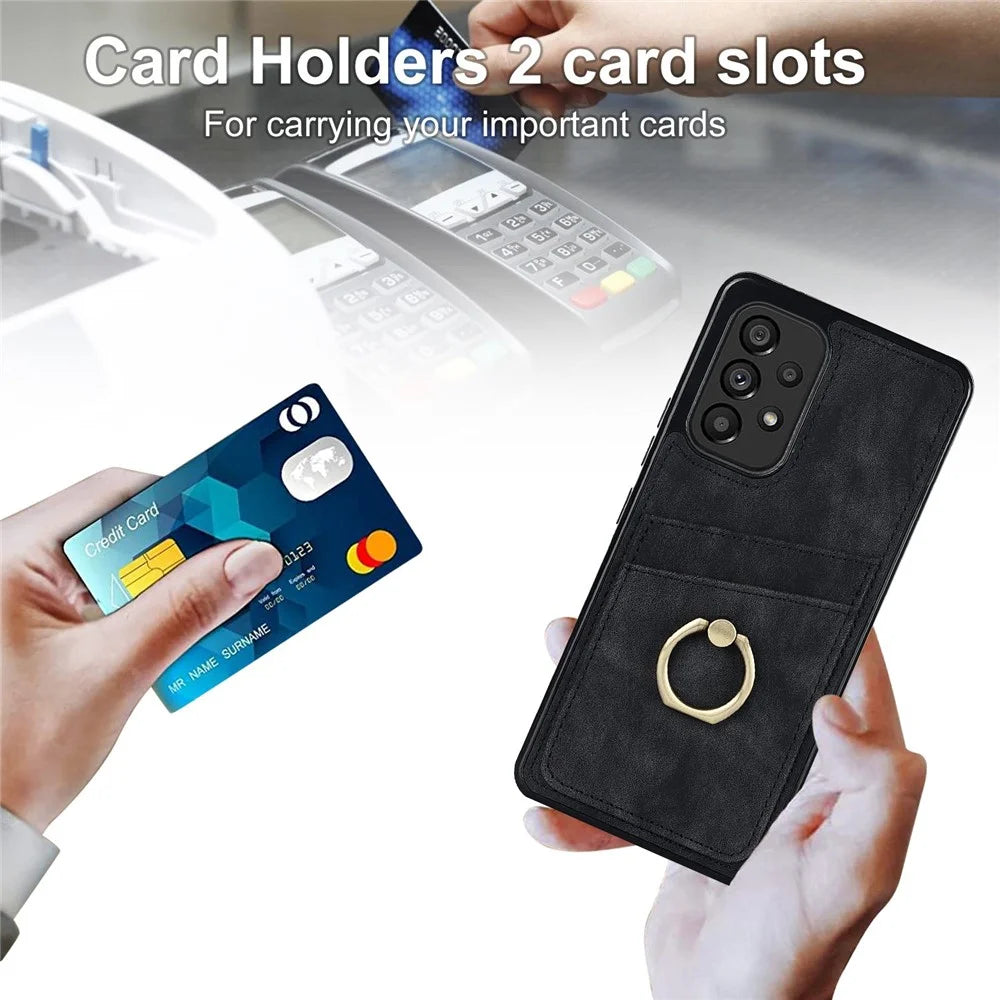 For Samsung Galaxy A53 5G Retro PU Leather Coated TPU Phone Case with Card Holder and Ring Holder Kickstand - Black - 7