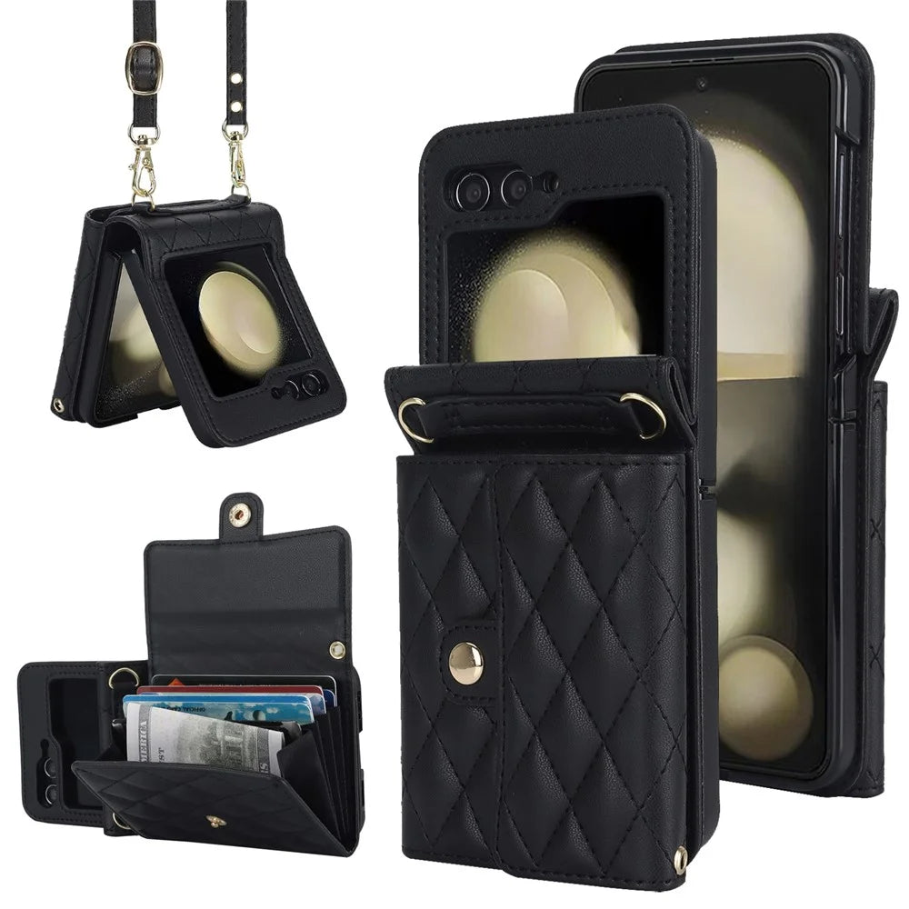 ZD 03 for Samsung Galaxy Z Flip7 FE 5G / Z Flip6 5G Case Bag Design PU Leather Crossbody Phone Cover RFID Blocking - Black - 1