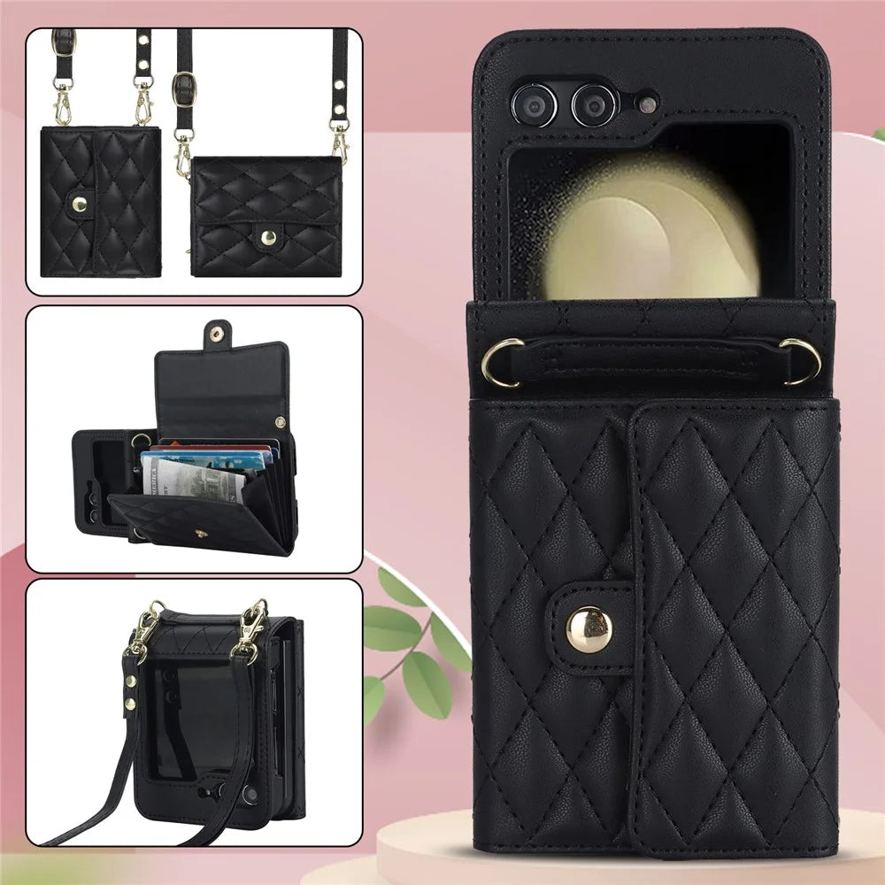 ZD 03 for Samsung Galaxy Z Flip7 FE 5G / Z Flip6 5G Case Bag Design PU Leather Crossbody Phone Cover RFID Blocking - Black - 7