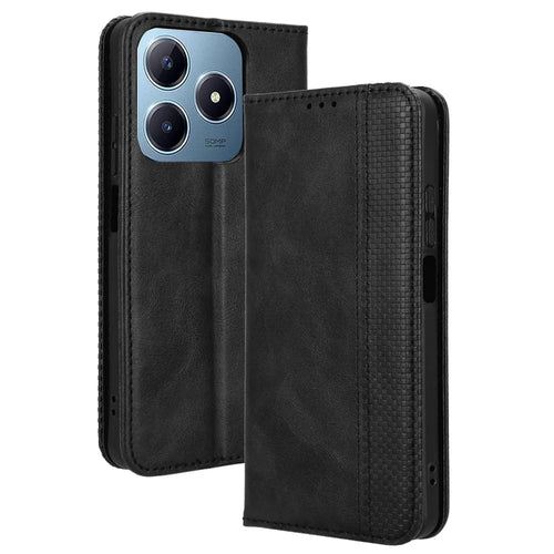 For Realme Note 60x 4G / C63 4G / C61 4G / Narzo N63 4G Case PU Leather Retro Magnetic Shockproof Phone Cover - Black - 1