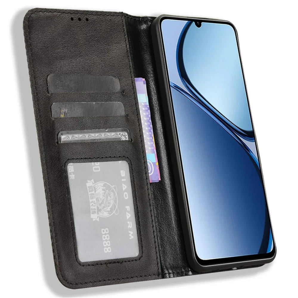 For Realme Note 60x 4G / C63 4G / C61 4G / Narzo N63 4G Case PU Leather Retro Magnetic Shockproof Phone Cover - Black - 2