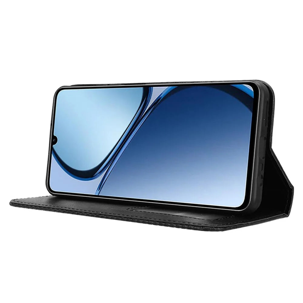For Realme Note 60x 4G / C63 4G / C61 4G / Narzo N63 4G Case PU Leather Retro Magnetic Shockproof Phone Cover - Black - 3