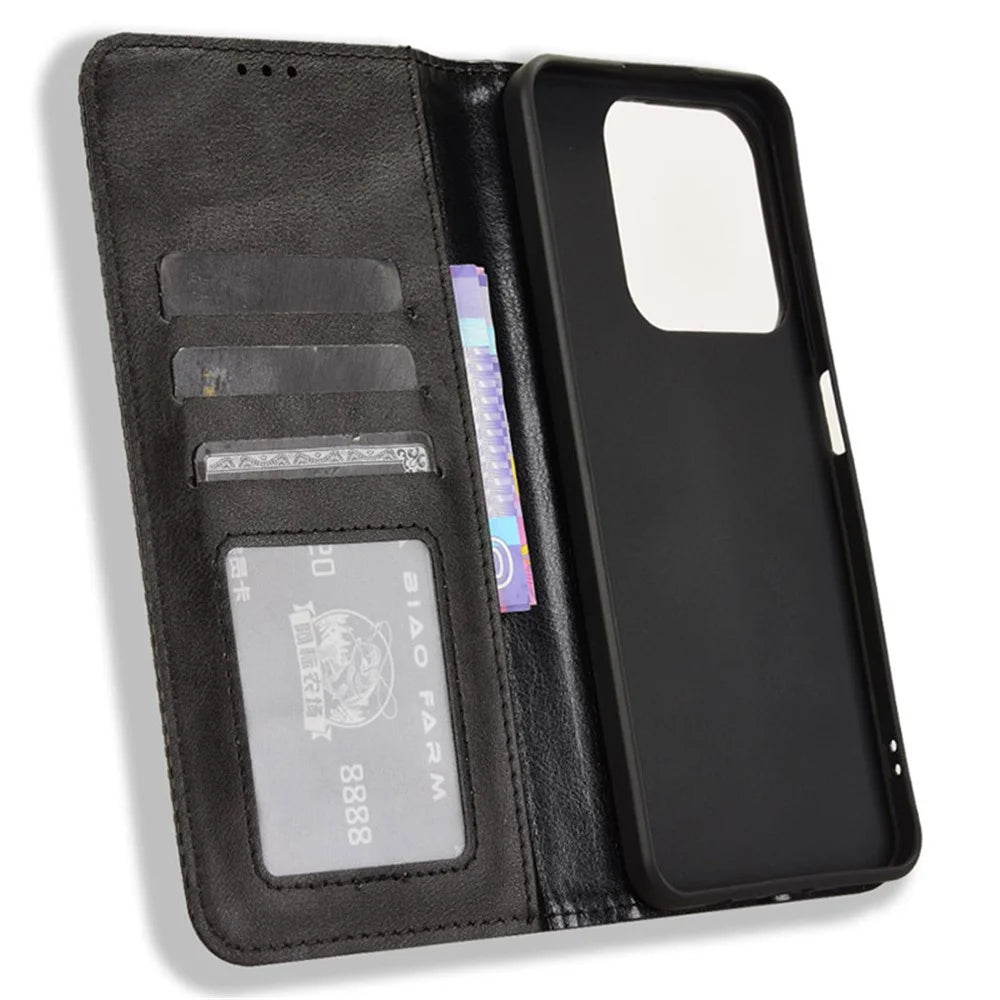For Realme Note 60x 4G / C63 4G / C61 4G / Narzo N63 4G Case PU Leather Retro Magnetic Shockproof Phone Cover - Black - 5