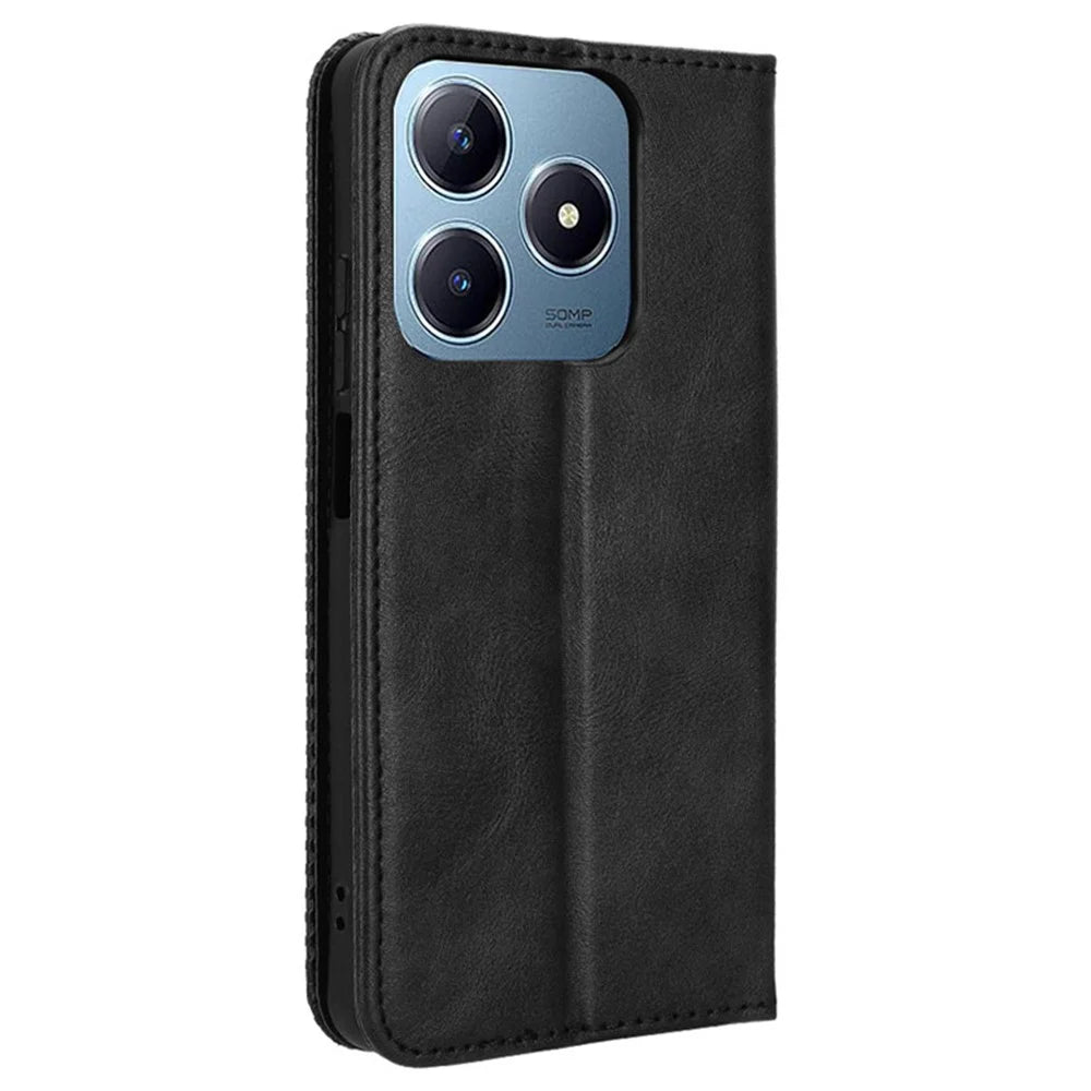 For Realme Note 60x 4G / C63 4G / C61 4G / Narzo N63 4G Case PU Leather Retro Magnetic Shockproof Phone Cover - Black - 7