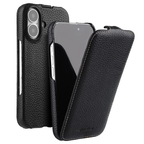 MELKCO For iPhone 16 Case Compatible with MagSafe Vertical Flip Genuine Cow Leather + PC Phone Cover - Black - 1