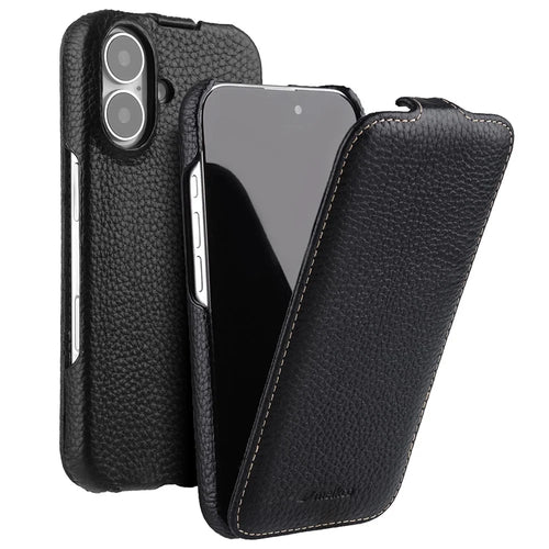 MELKCO For iPhone 16 Plus Case Compatible with MagSafe Vertical Flip Genuine Cow Leather + PC Phone Cover - Black - 1
