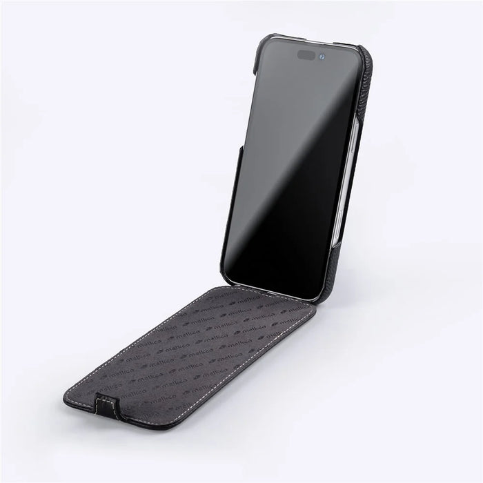MELKCO For iPhone 16 Plus Case Compatible with MagSafe Vertical Flip Genuine Cow Leather + PC Phone Cover - Black - 2