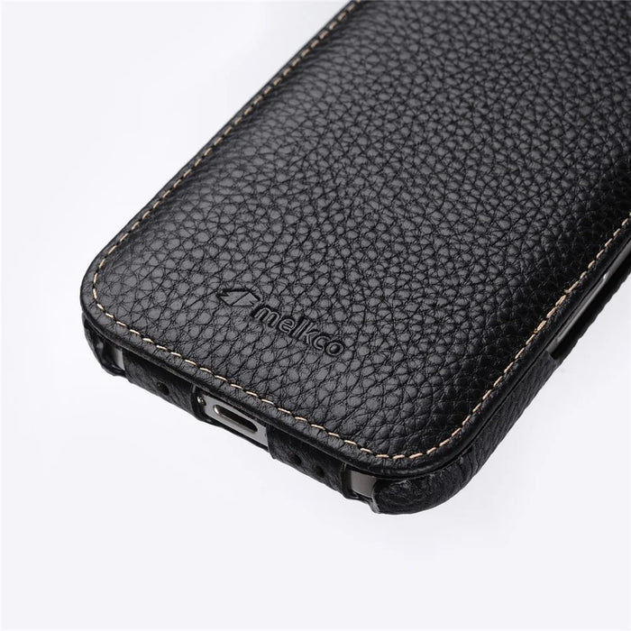 MELKCO For iPhone 16 Plus Case Compatible with MagSafe Vertical Flip Genuine Cow Leather + PC Phone Cover - Black - 3