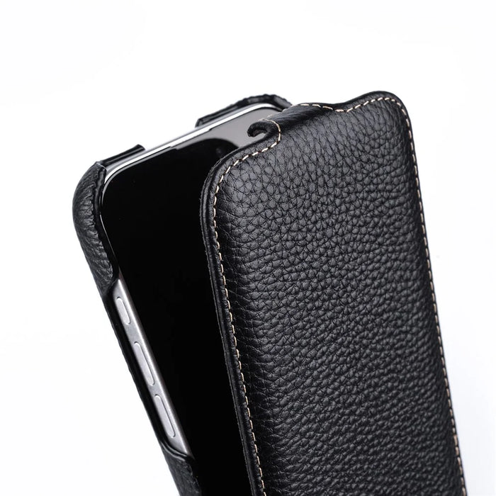 MELKCO For iPhone 16 Plus Case Compatible with MagSafe Vertical Flip Genuine Cow Leather + PC Phone Cover - Black - 4