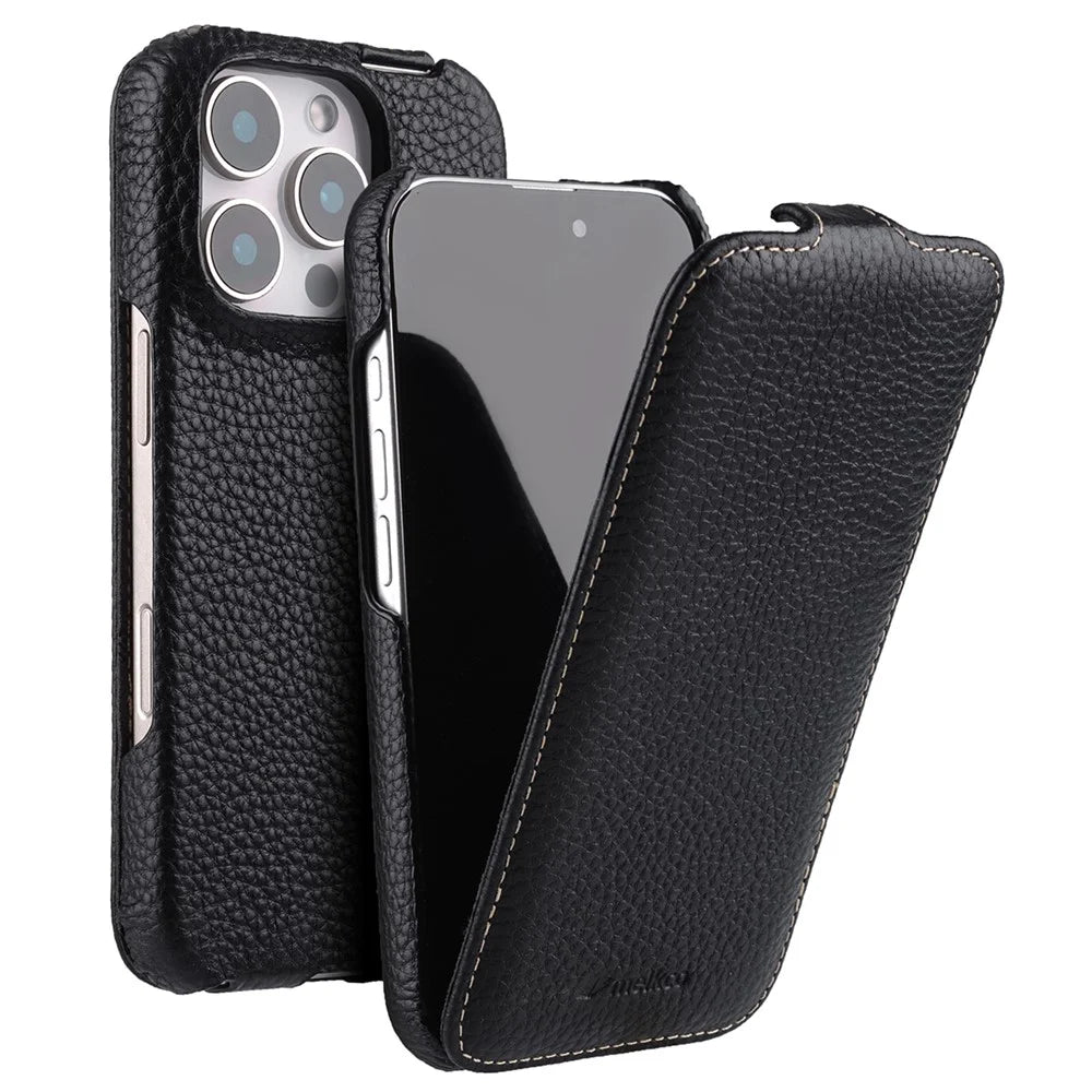 MELKCO For iPhone 16 Pro Case Compatible with MagSafe Vertical Flip Genuine Cow Leather + PC Phone Cover - Black - 1