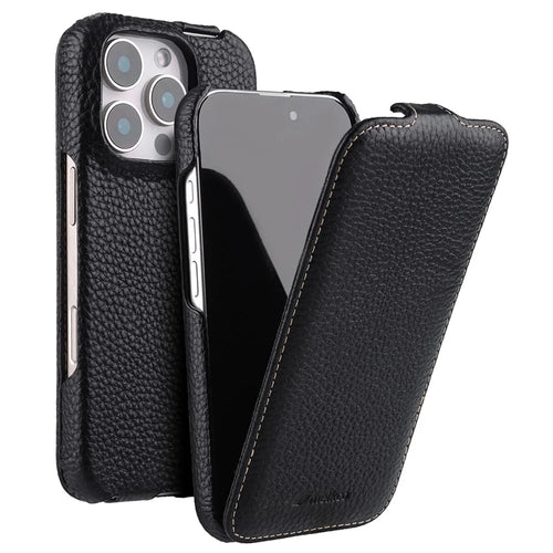 MELKCO For iPhone 16 Pro Case Compatible with MagSafe Vertical Flip Genuine Cow Leather + PC Phone Cover - Black - 1