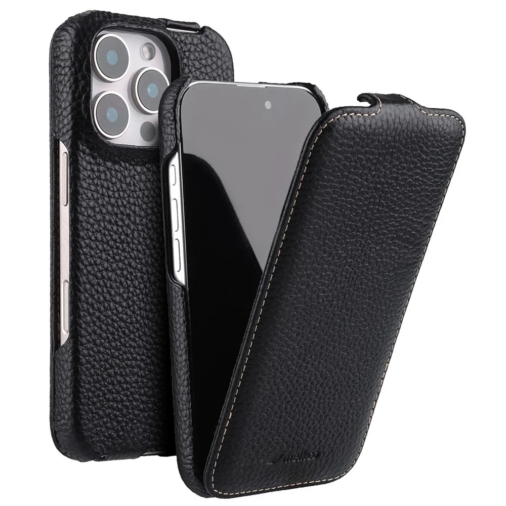 MELKCO For iPhone 16 Pro Max Case Compatible with MagSafe Vertical Flip Genuine Cow Leather + PC Phone Cover - Black - 1