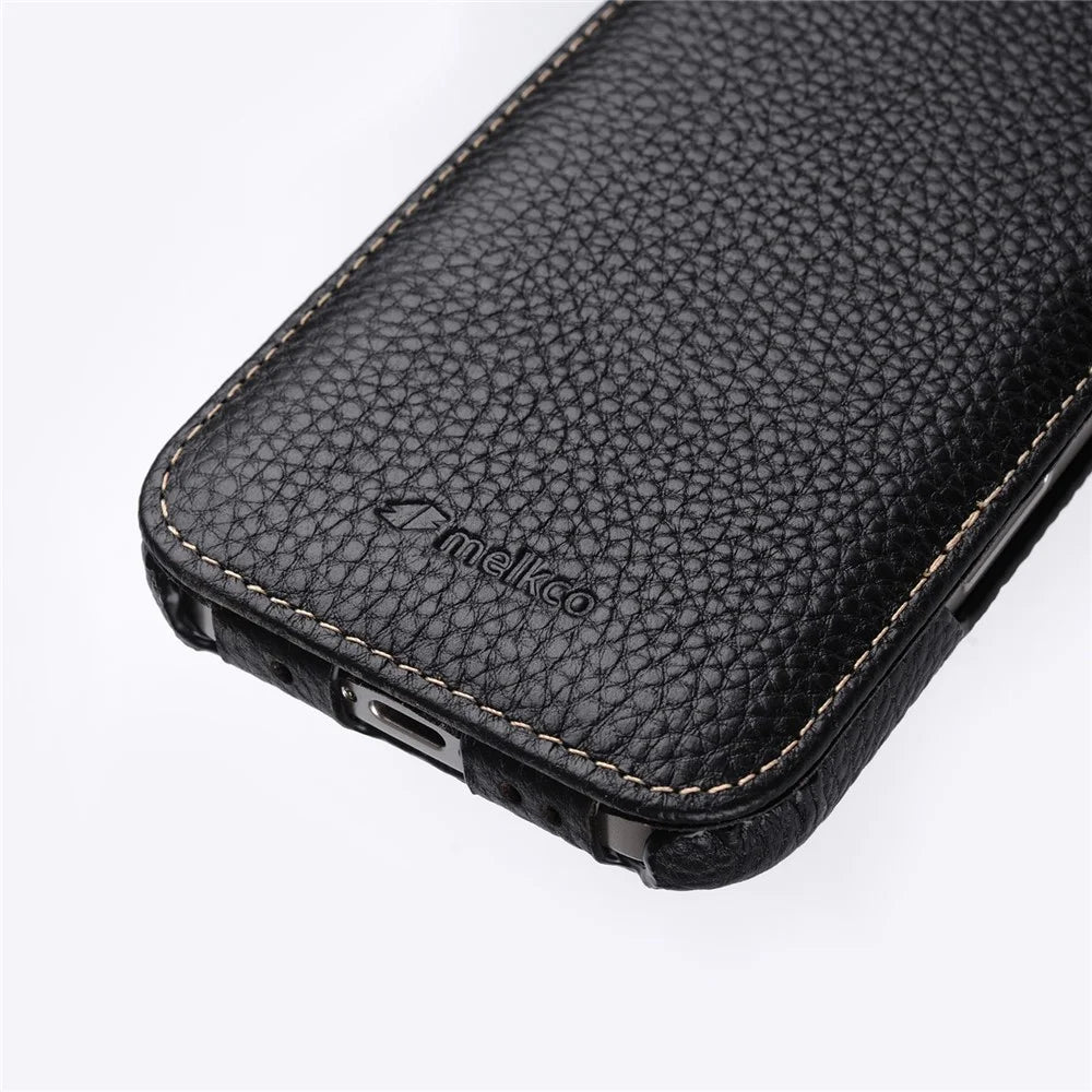 MELKCO For iPhone 16 Pro Max Case Compatible with MagSafe Vertical Flip Genuine Cow Leather + PC Phone Cover - Black - 3