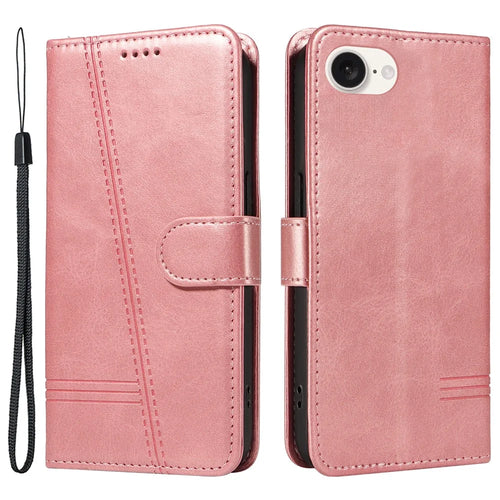 For iPhone 17e / 16e Case Wallet Leather Flip Phone Cover with Hand Strap - Rose Gold - 1