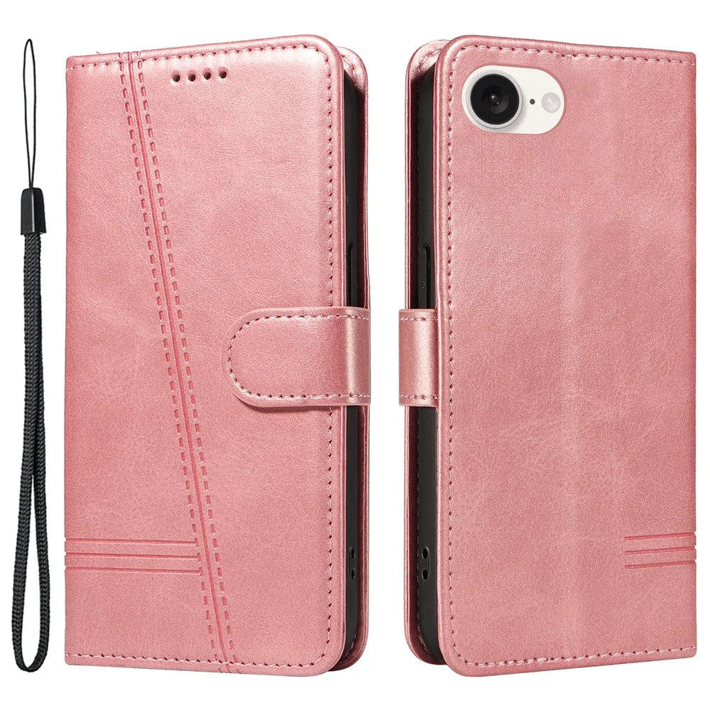 For iPhone 17e / 16e Case Wallet Leather Flip Phone Cover with Hand Strap - Rose Gold - 1