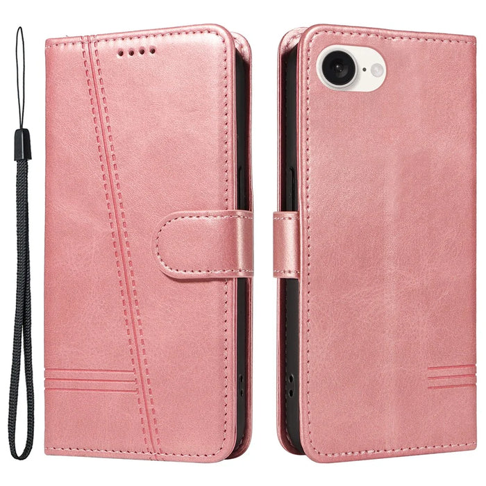 For iPhone 17e / 16e Case Wallet Leather Flip Phone Cover with Hand Strap - Rose Gold - 1