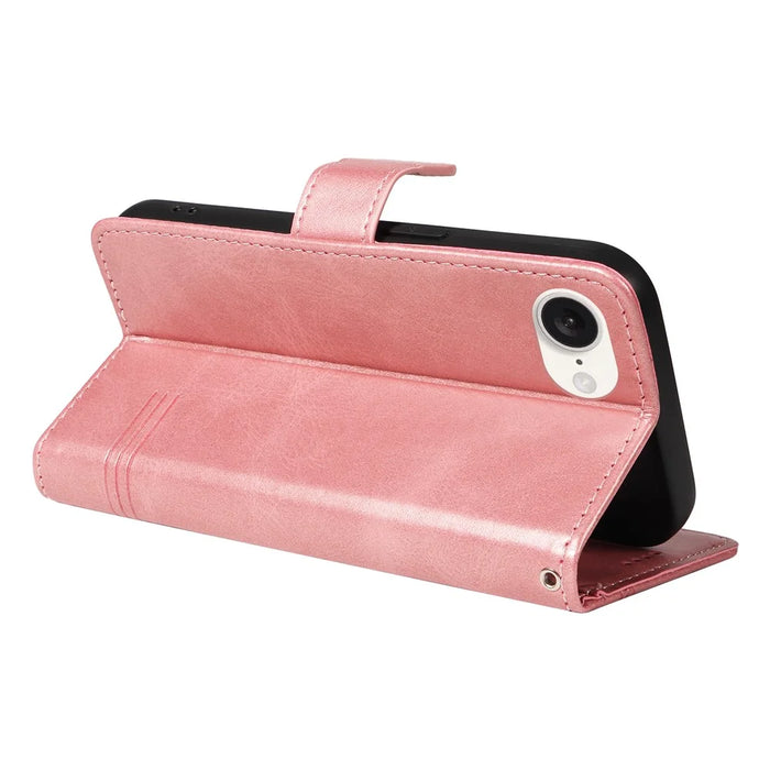 For iPhone 17e / 16e Case Wallet Leather Flip Phone Cover with Hand Strap - Rose Gold - 4