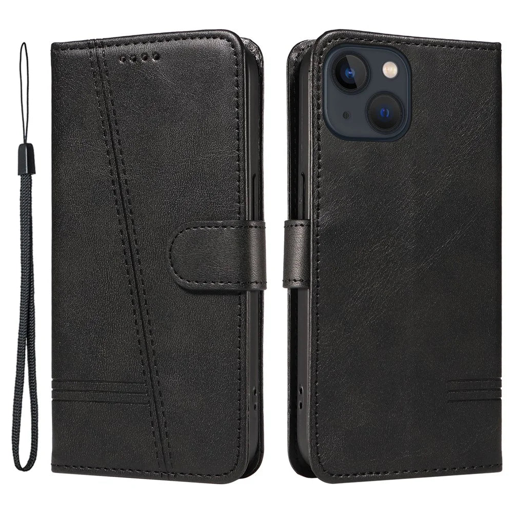 For iPhone 13 Case PU Leather Wallet Card Slots Protective Phone Cover - Black - 1