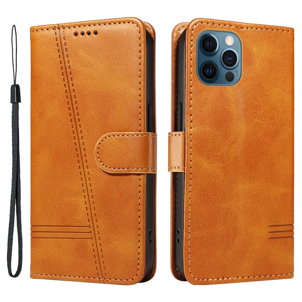 For iPhone 12 / 12 Pro Anti-Scratch Phone Case Imprinted Line PU Leather Cover Wallet with Wrist Strap - Yellow - 1
