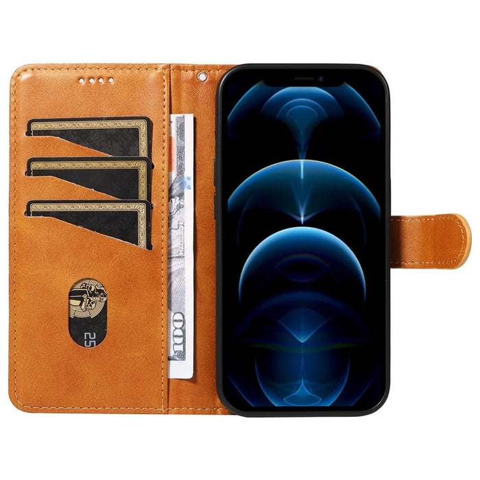 For iPhone 12 / 12 Pro Anti-Scratch Phone Case Imprinted Line PU Leather Cover Wallet with Wrist Strap - Yellow - 2