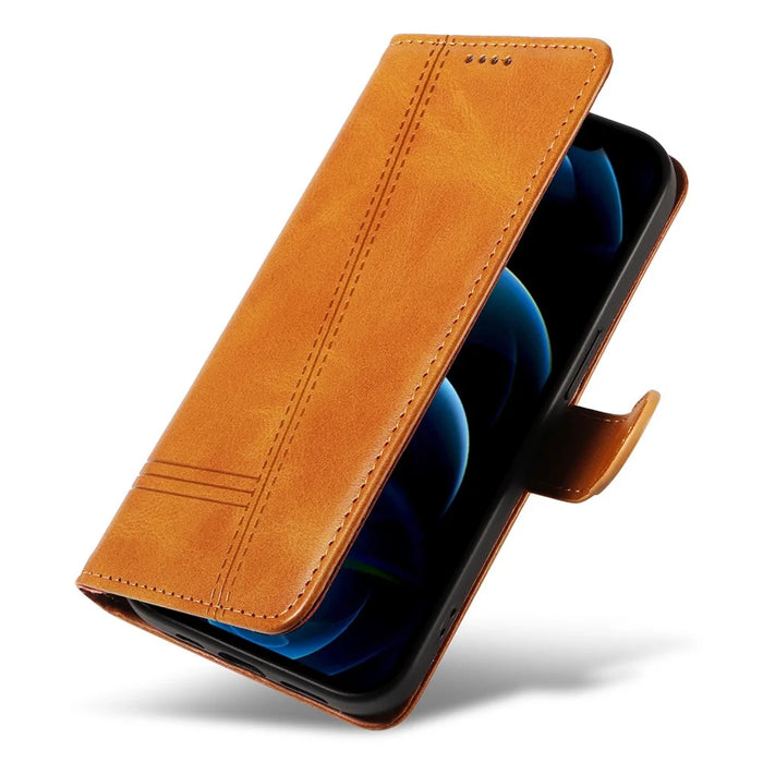 For iPhone 12 / 12 Pro Anti-Scratch Phone Case Imprinted Line PU Leather Cover Wallet with Wrist Strap - Yellow - 5