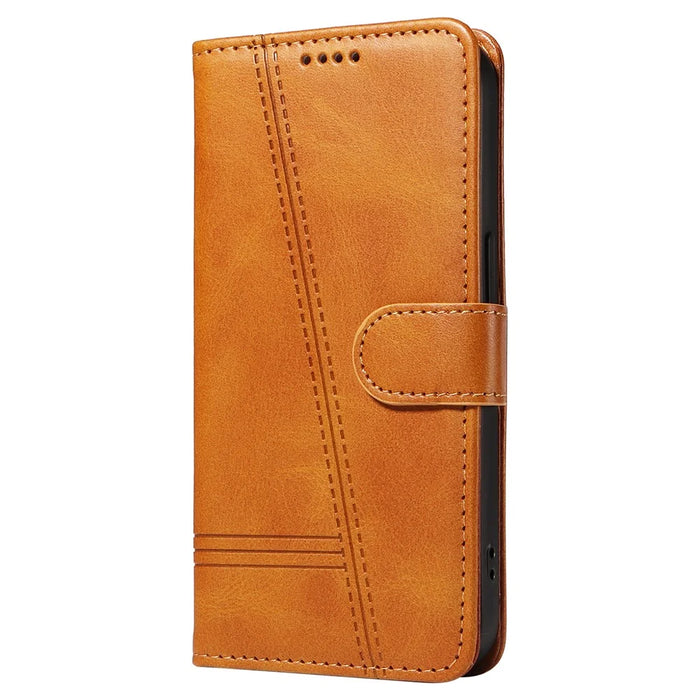 For iPhone 12 / 12 Pro Anti-Scratch Phone Case Imprinted Line PU Leather Cover Wallet with Wrist Strap - Yellow - 6