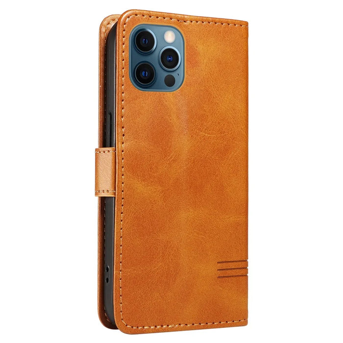 For iPhone 12 / 12 Pro Anti-Scratch Phone Case Imprinted Line PU Leather Cover Wallet with Wrist Strap - Yellow - 7