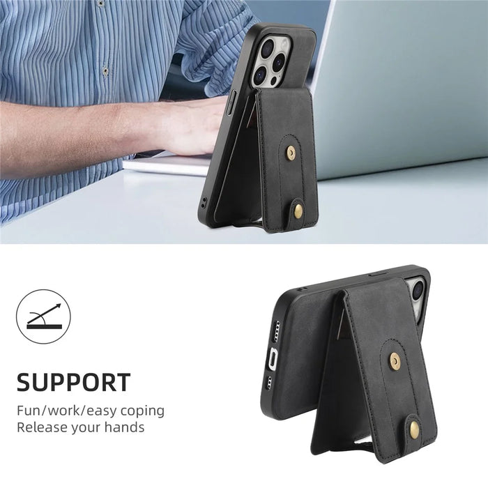 DENIOR D14 For iPhone 16 Pro Magnetic Case Detachable Card Holder Kickstand Phone Cover - Black - 7