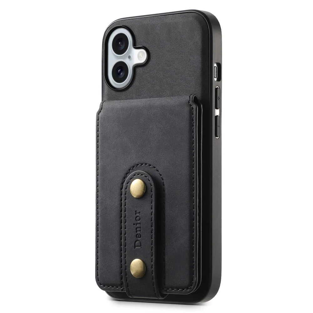 DENIOR D14 For iPhone 16 Plus Case Compatible with MagSafe Card Bag Leather Back Phone Cover - Black - 2