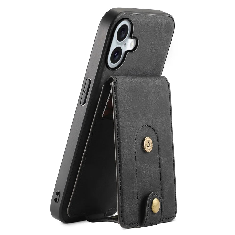 DENIOR D14 For iPhone 16 Plus Case Compatible with MagSafe Card Bag Leather Back Phone Cover - Black - 4