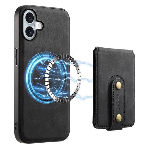 DENIOR D14 For iPhone 16 Case Kickstand Card Holder Retro Leather Back Phone Cover - Black - 1