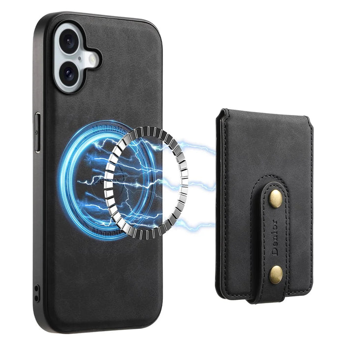 DENIOR D14 For iPhone 16 Case Kickstand Card Holder Retro Leather Back Phone Cover - Black - 1