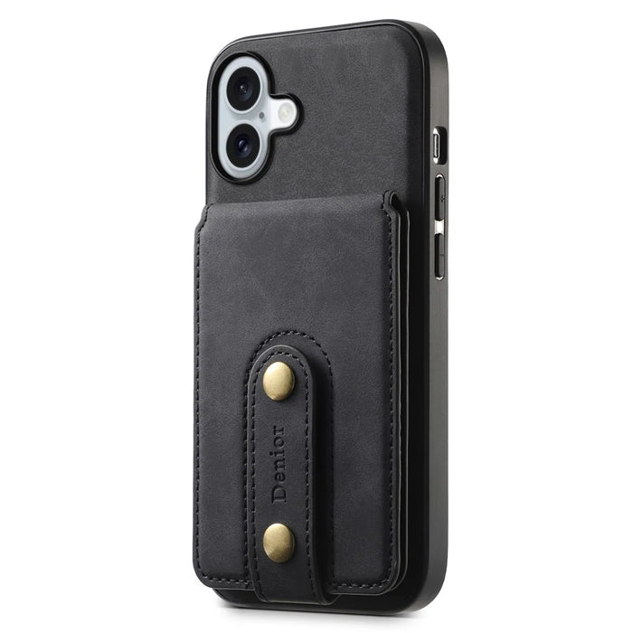 DENIOR D14 For iPhone 16 Case Kickstand Card Holder Retro Leather Back Phone Cover - Black - 2