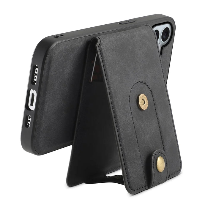DENIOR D14 For iPhone 16 Case Kickstand Card Holder Retro Leather Back Phone Cover - Black - 5