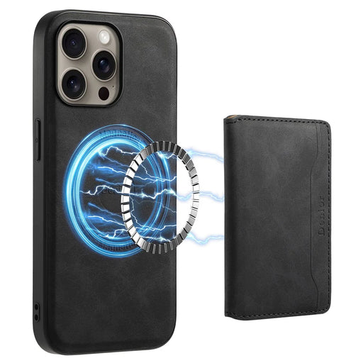 DENIOR D13 For iPhone 16 Pro Max Magnetic Case Leather Phone Back Cover Card Holder - Black - 1