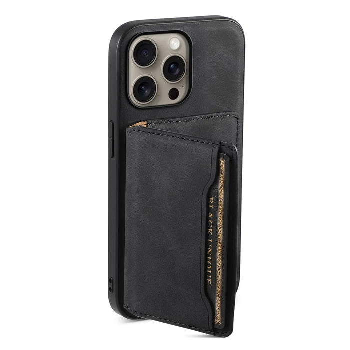 DENIOR D13 For iPhone 16 Pro Max Magnetic Case Leather Phone Back Cover Card Holder - Black - 2