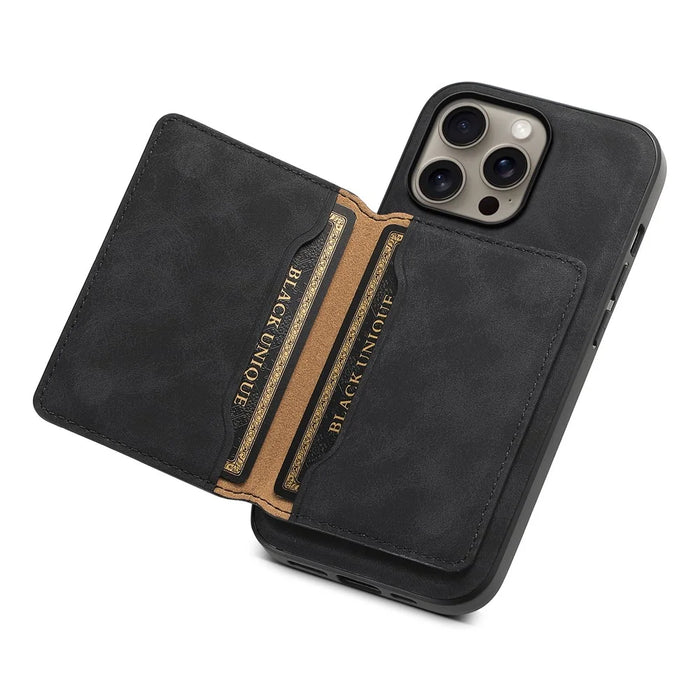 DENIOR D13 For iPhone 16 Pro Max Magnetic Case Leather Phone Back Cover Card Holder - Black - 4