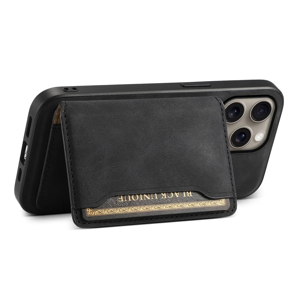 DENIOR D13 For iPhone 16 Pro Magnetic Case Card Holder Leather Coated PC+TPU Phone Cover - Black - 3