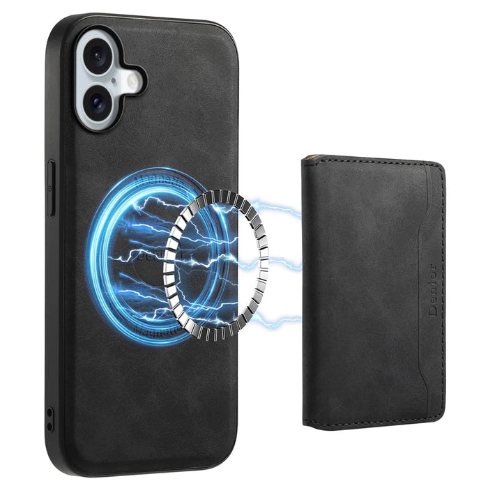 DENIOR D13 For iPhone 16 Magnetic Case Leather+PC+TPU Phone Cover Card Holder Kickstand - Black - 1