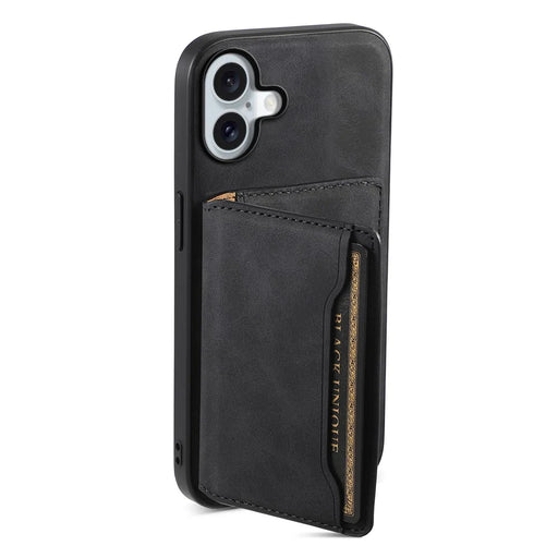 DENIOR D13 For iPhone 16 Magnetic Case Leather+PC+TPU Phone Cover Card Holder Kickstand - Black - 2