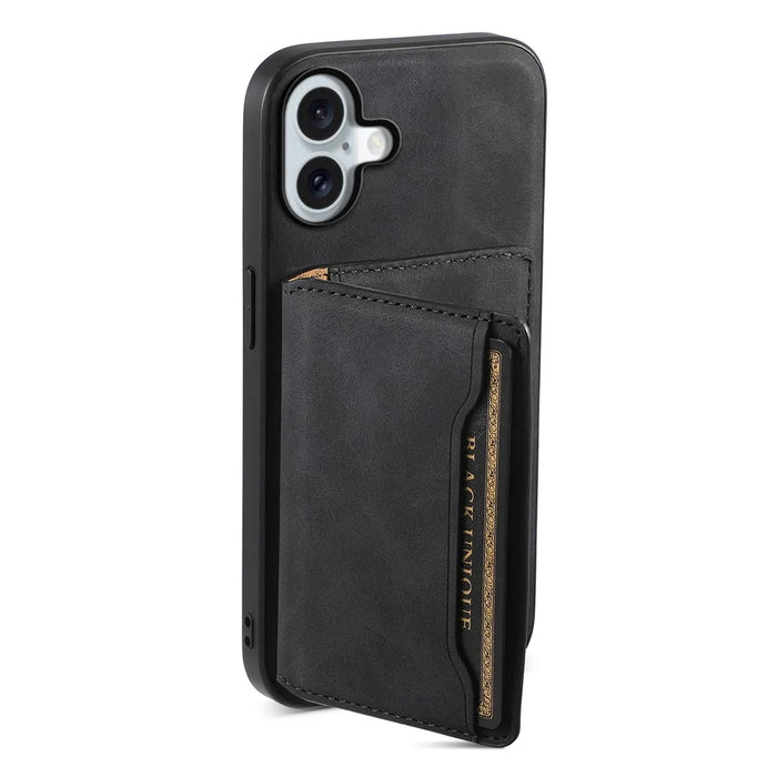 DENIOR D13 For iPhone 16 Magnetic Case Leather+PC+TPU Phone Cover Card Holder Kickstand - Black - 2