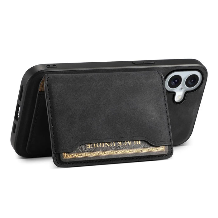 DENIOR D13 For iPhone 16 Magnetic Case Leather+PC+TPU Phone Cover Card Holder Kickstand - Black - 3