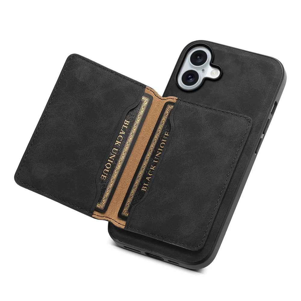 DENIOR D13 For iPhone 16 Magnetic Case Leather+PC+TPU Phone Cover Card Holder Kickstand - Black - 4
