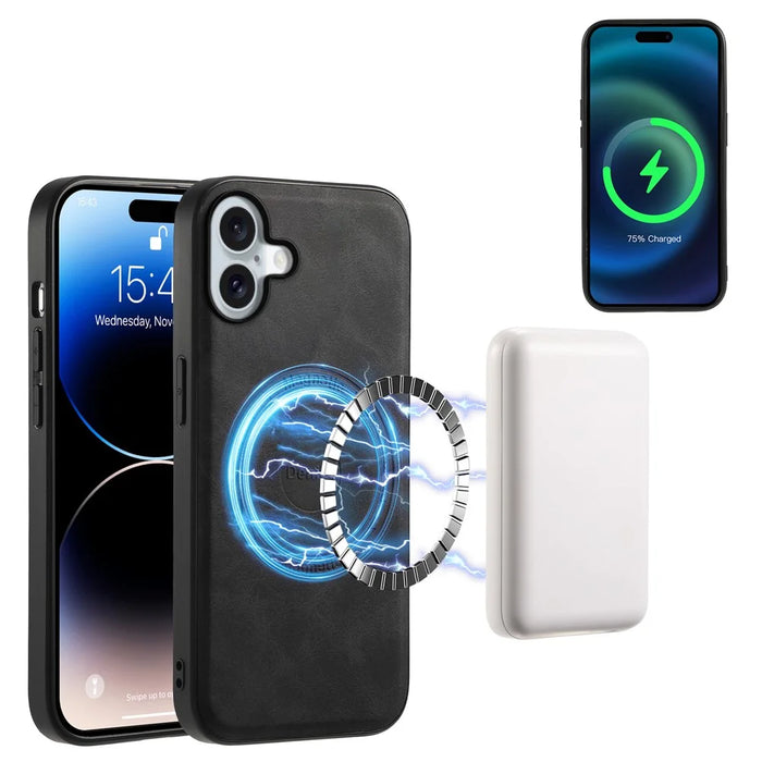 DENIOR D13 For iPhone 16 Magnetic Case Leather+PC+TPU Phone Cover Card Holder Kickstand - Black - 5