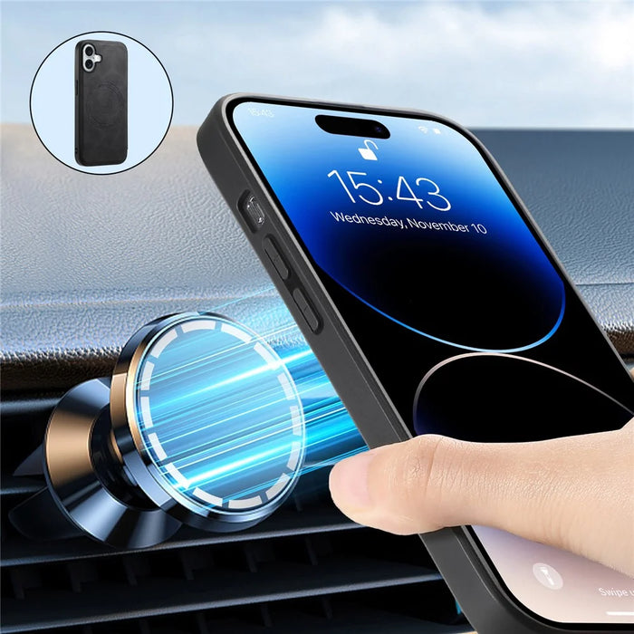 DENIOR D13 For iPhone 16 Magnetic Case Leather+PC+TPU Phone Cover Card Holder Kickstand - Black - 6
