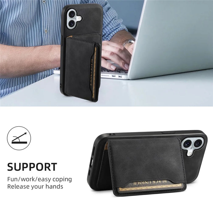 DENIOR D13 For iPhone 16 Magnetic Case Leather+PC+TPU Phone Cover Card Holder Kickstand - Black - 7