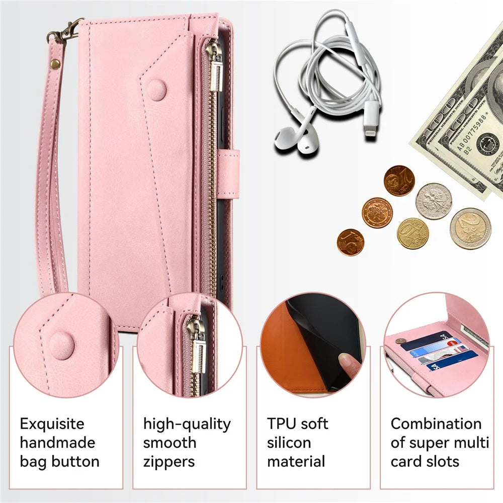 ESEBLE Star Series For Samsung Galaxy S24 FE Case Flip Leather Phone Cover RFID Blocking Zipper Pocket - Rose Gold - 6